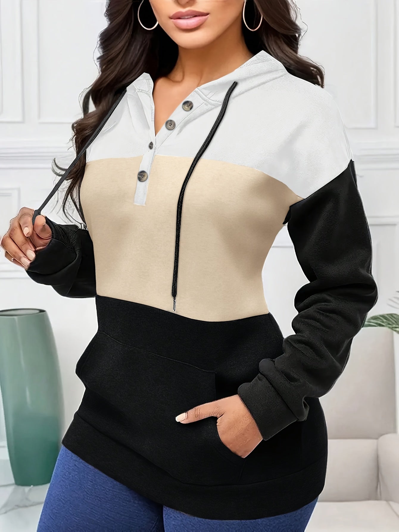 Plus Size Color Block Drawstring Hoodie, Casual Long Sleeve Kangaroo Pocket Button Front Hooded Sweatshirt