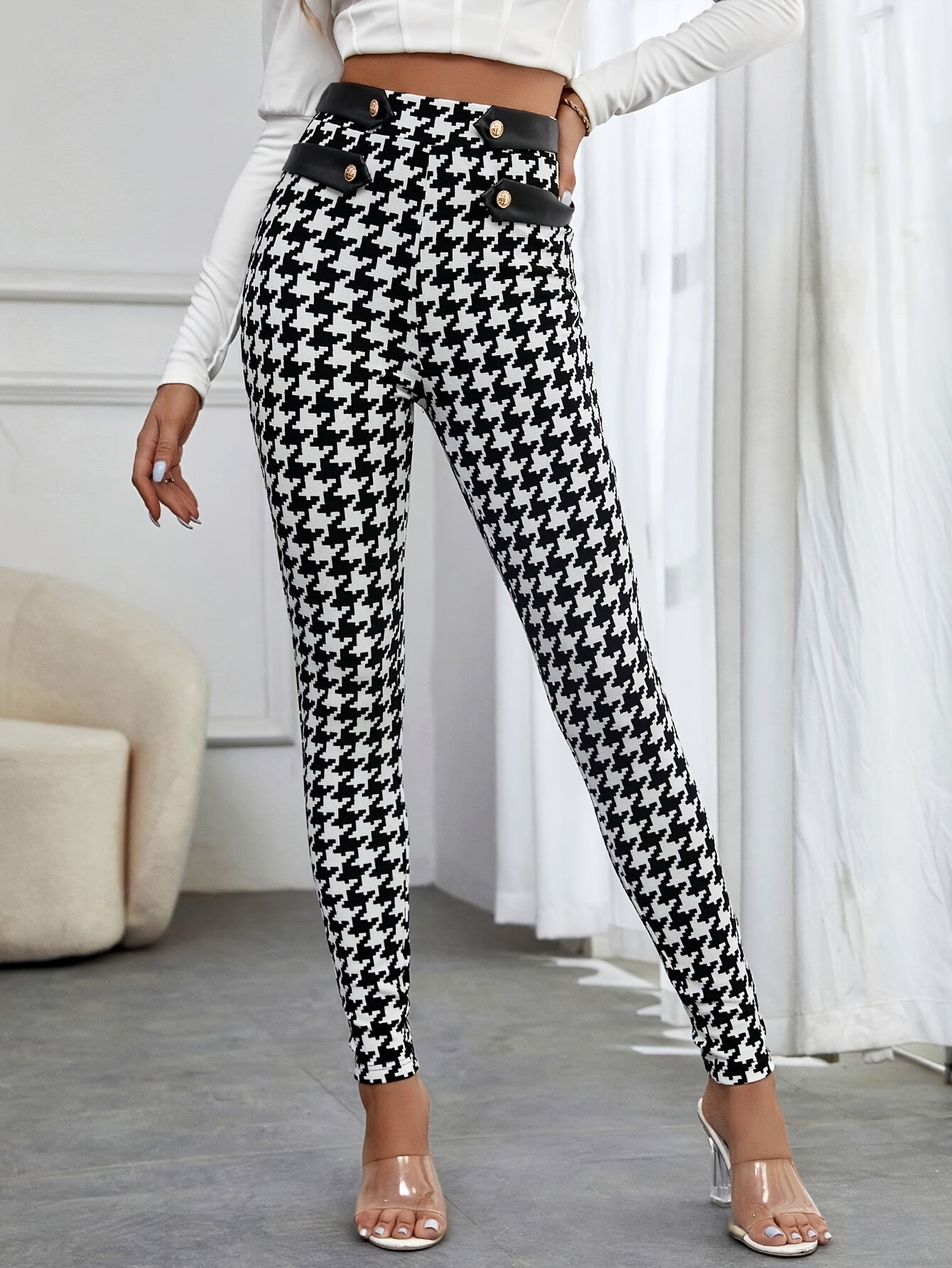 Chic Houndstooth Print High Waist Skinny Pants - LuxyXO