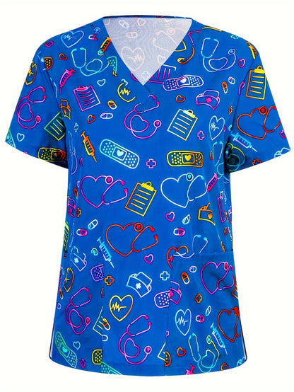 Heart Print V Neck Scrub Tops, Elegant Short Sleeve Patched Pockets Nurse Uniform, Women's Clothing