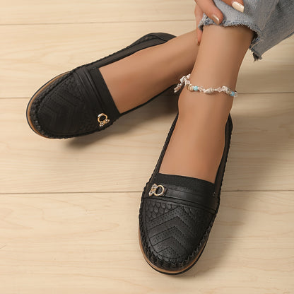 Elegant Women's Slip-On Loafers with Decorative Buckle - Retro Solid Color, Versatile Casual Shoes