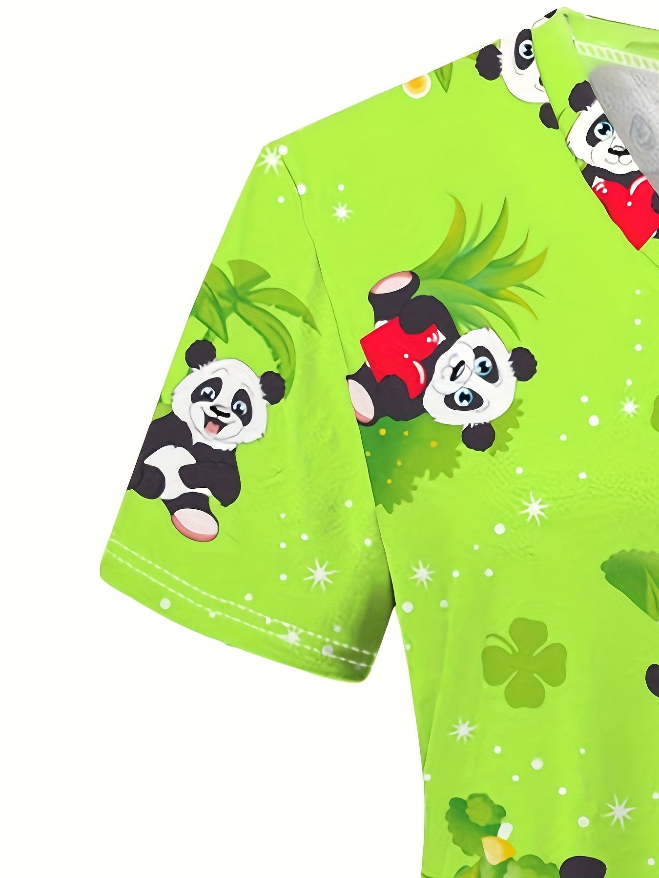 Panda Print Short Sleeve Stretchy V-Neck Top - Comfortable, Functional, and Machine Washable Health Care Uniform for Nurses - Polyester Knit Fabric, Micro Elasticity, Regular Length, and Random Animal Print Design