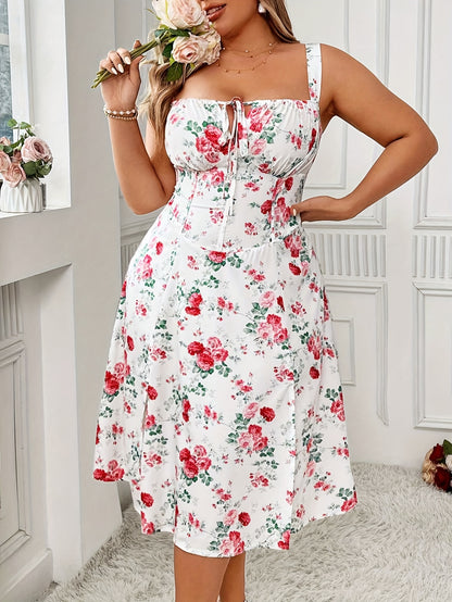 Plus Size Floral Chic Tie Front Strap Dress - Elegant Sleeveless Split Design, Flowy Comfortable Fabric, Perfect for Summer, Women's Curve-Hugging Clothing, Ideal for Outdoor Events and Casual Daily Wear