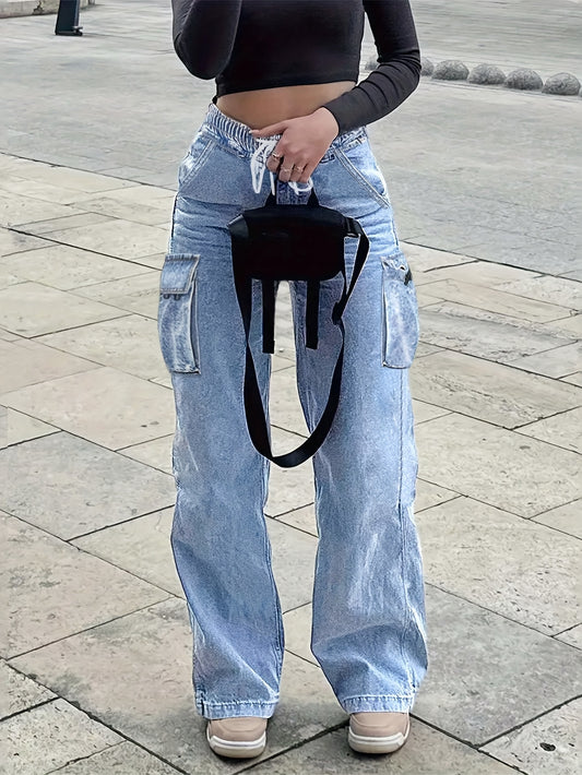 Waist Drawstring Women'S Loose Denim Straight Leg Pants, Mid Waistband Pocket, Comfortable And Versatile