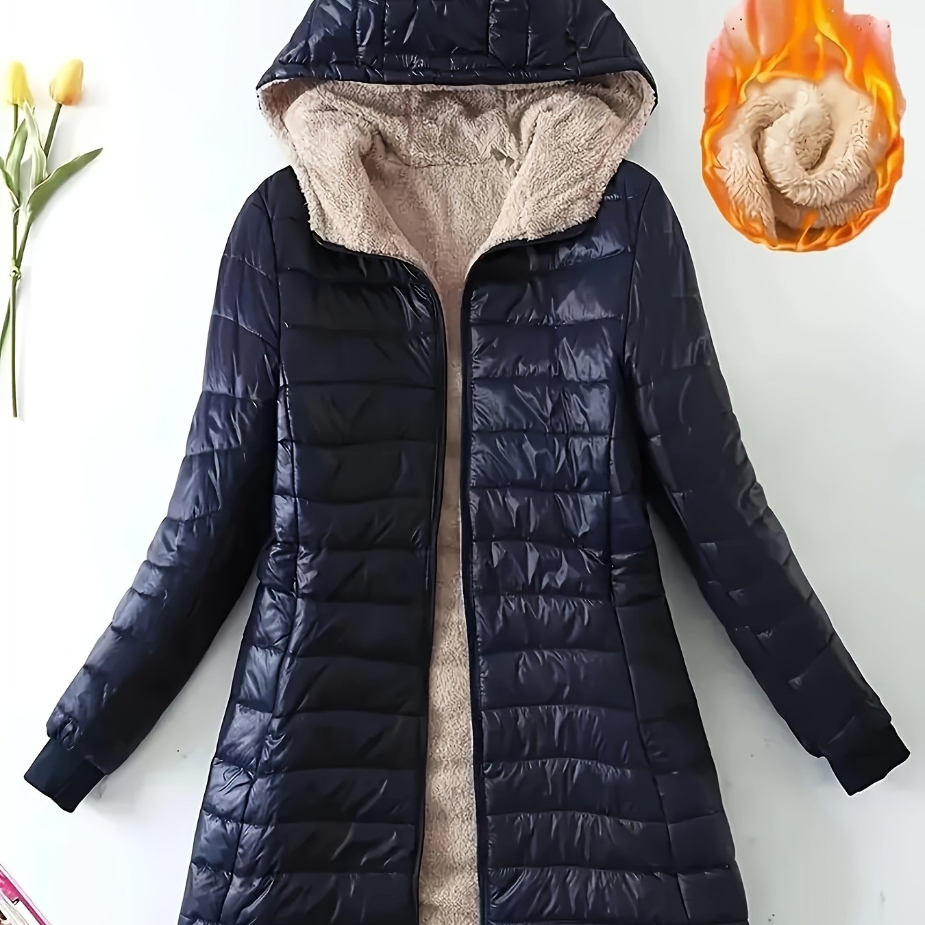 Zip-up Puffy Hoodie Coat, Casual Thermal Long Sleeve Coat For Fall & Winter, Women's Clothing