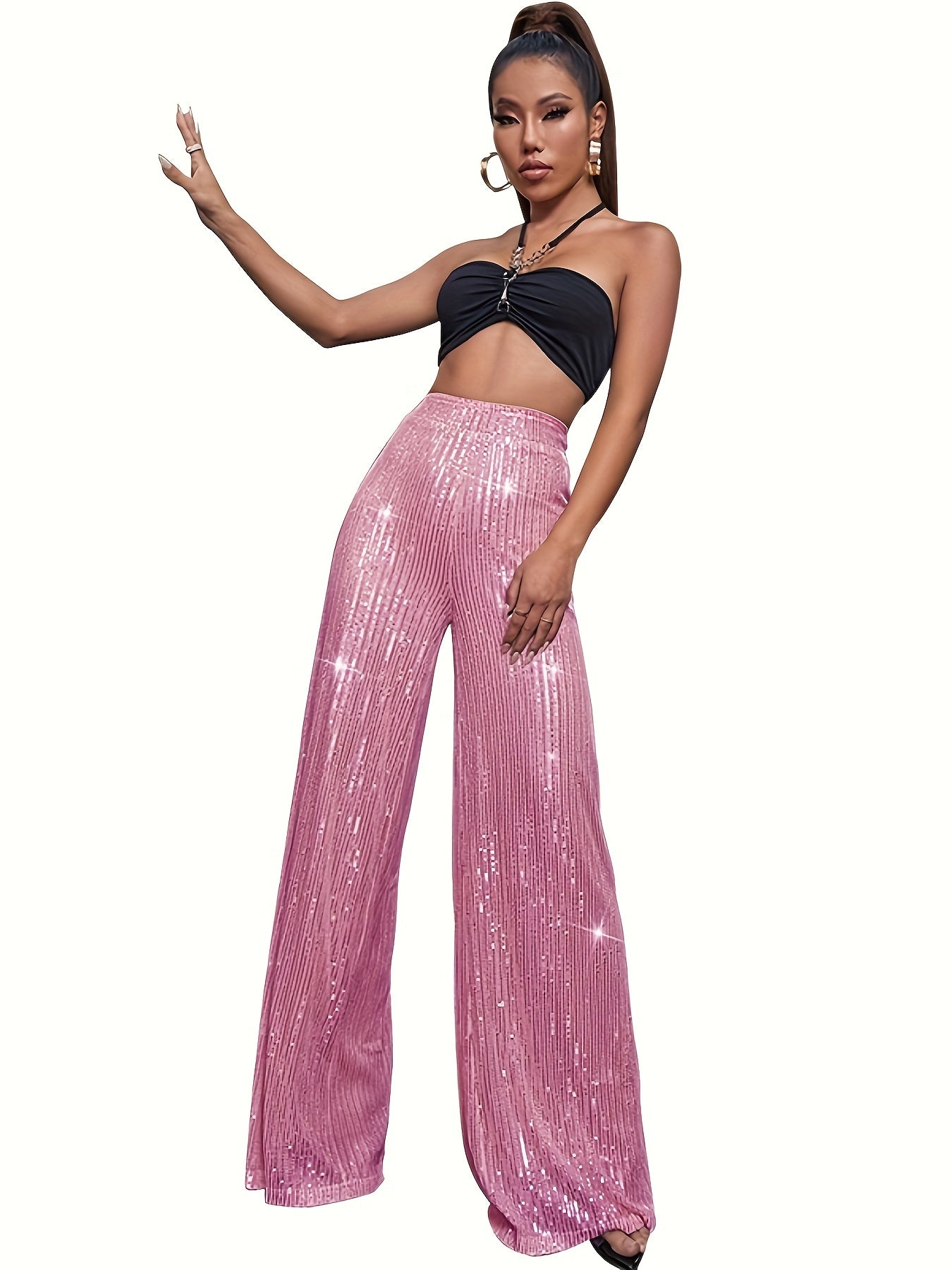 Sequin Decor Wide Leg Pants, Elegant High Waist Loose Pants For Party & Club, Women's Clothing