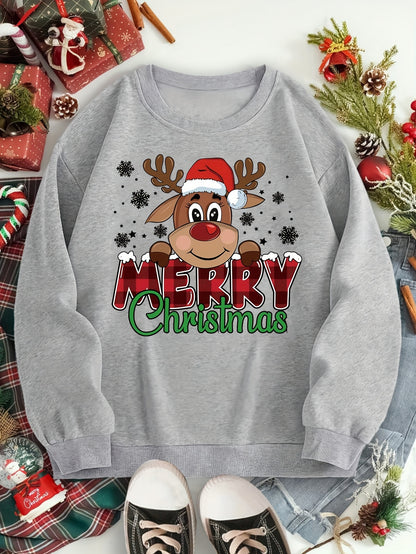 Cozy Festive Reindeer Sweatshirt - Soft 100% Polyester Knit Fabric, Vibrant Cartoon Print Design, Long Sleeve Pullover for Fall/Winter, Casual Crew Neck Style, Perfect for Holiday Parties and Gift Giving