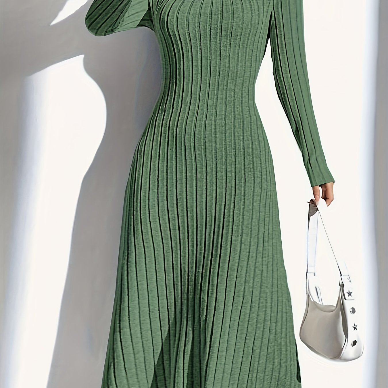 Women'S Ribbed Knit Long Sleeve Midi Dress, Casual Collar, Solid Color, Polyester, Fitted for Spring/Summer/Fall