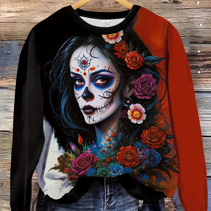 Sudadera con estampado floral y calavera punk vibrante del Día de los Muertos: jersey de manga larga con cuello redondo informal y suave para otoño/invierno con ajuste relajado y tela acogedora