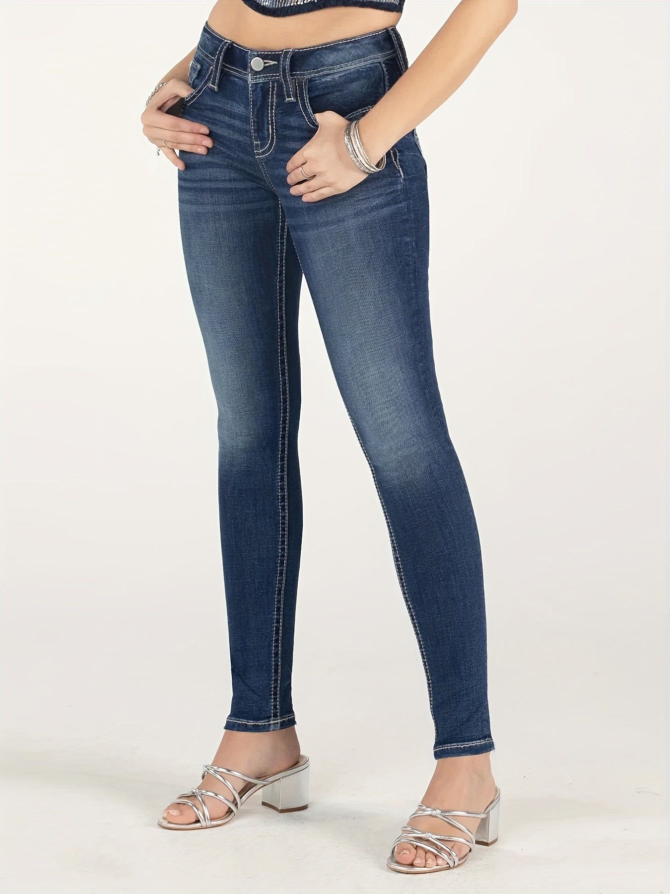 Classic High-Waisted Jeans For Women, Stretch Cotton Blend, Embroidered Design - LuxyXO