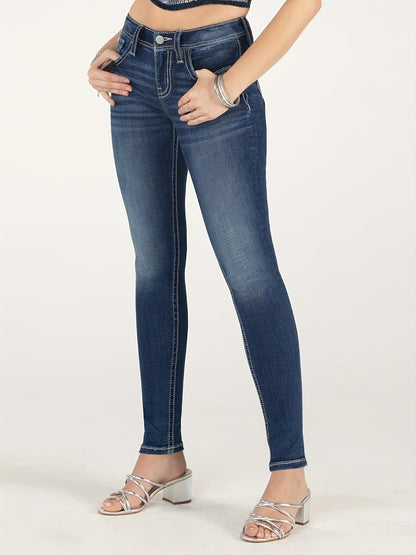 Classic High-Waisted Jeans For Women, Stretch Cotton Blend, Embroidered Design - LuxyXO