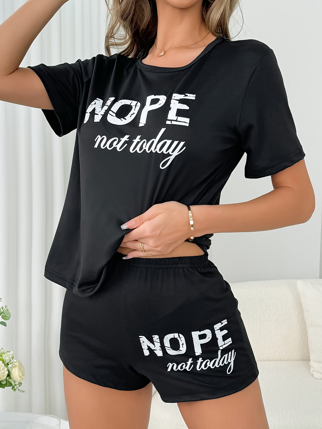 Relaxed Fit "NOPE not Today" Graphic Print Short Sleeve T-Shirt and Shorts Pajama Set