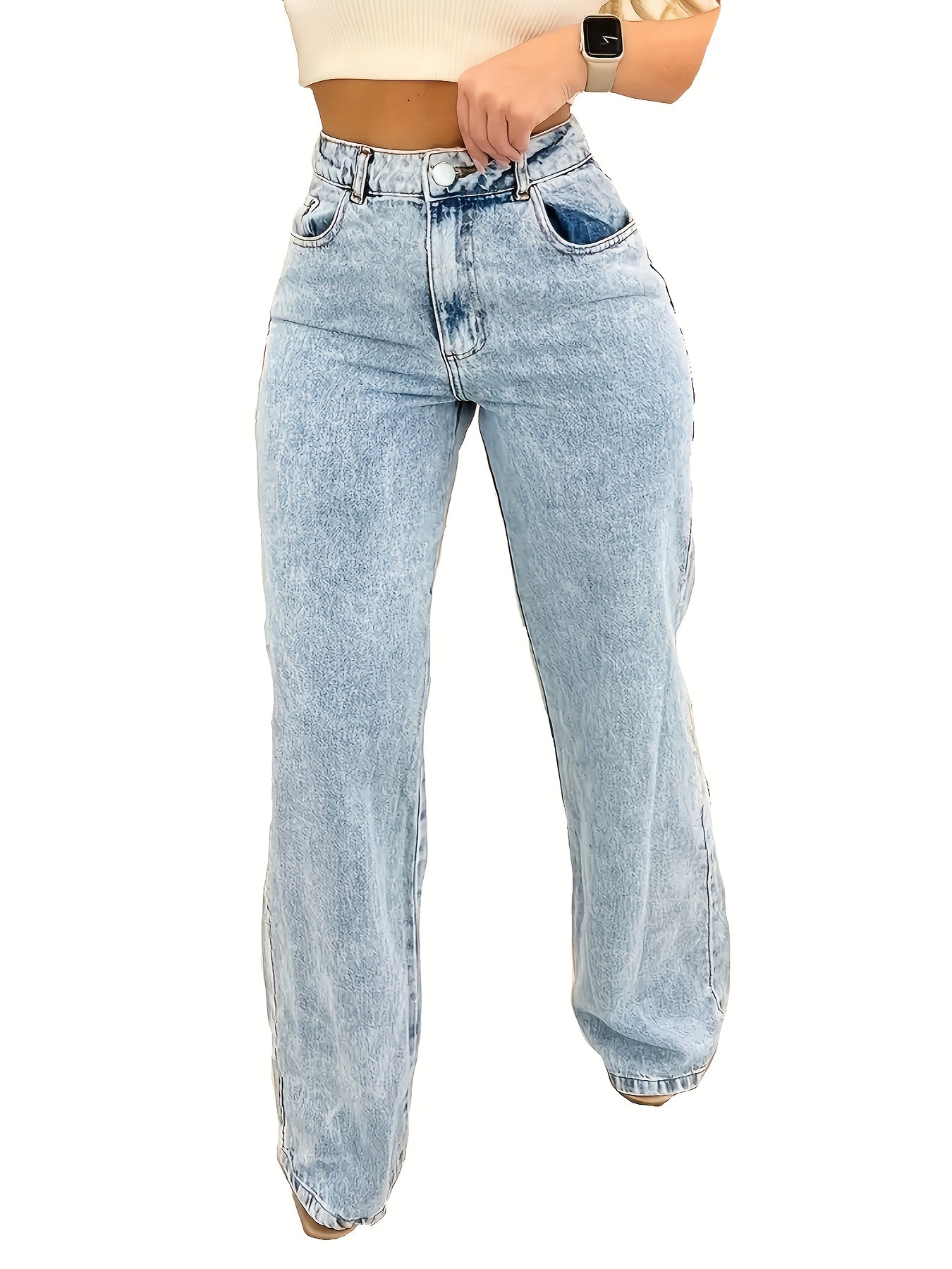 Plus size women's stylish straight leg blue denim jeans with zipper button closure, soft washed fabric, casual and comfortable design.