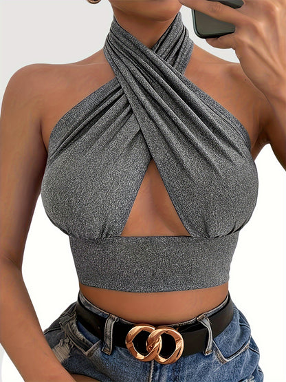 Stretchy Cut Out Cross Halter Top, Sexy Backless Crop Top