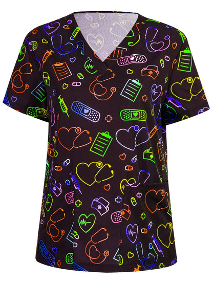 Heart Print V Neck Scrub Tops, Elegant Short Sleeve Patched Pockets Nurse Uniform, Women's Clothing