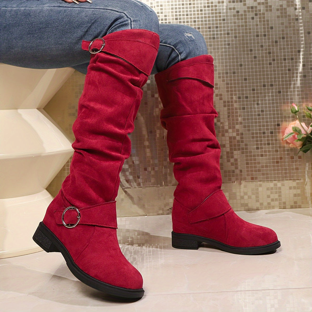 Trendy Solid Color Boots - Knee-High, Buckle Belt, Pull On, Chunky Heel, High Knee, Winter, Round Toe, Slouchy, Comfortable Boots for Women - LuxyXO