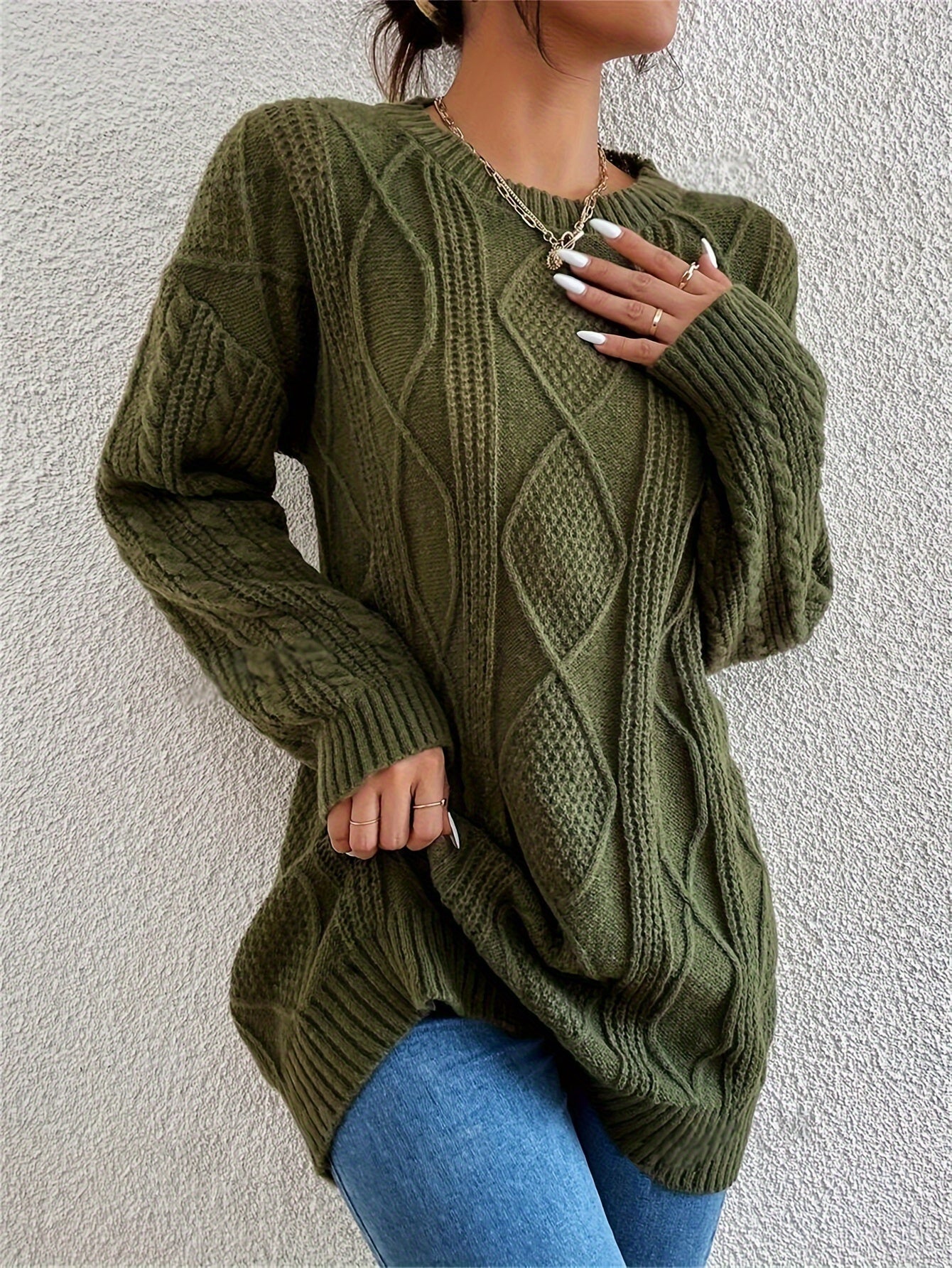 Cozy Cable Knit Drop Shoulder Sweater - Women's Elegant Long Sleeve Clothing for Fall & Winter - Soft, Warm, and Chic Knitwear for Everyday Wear