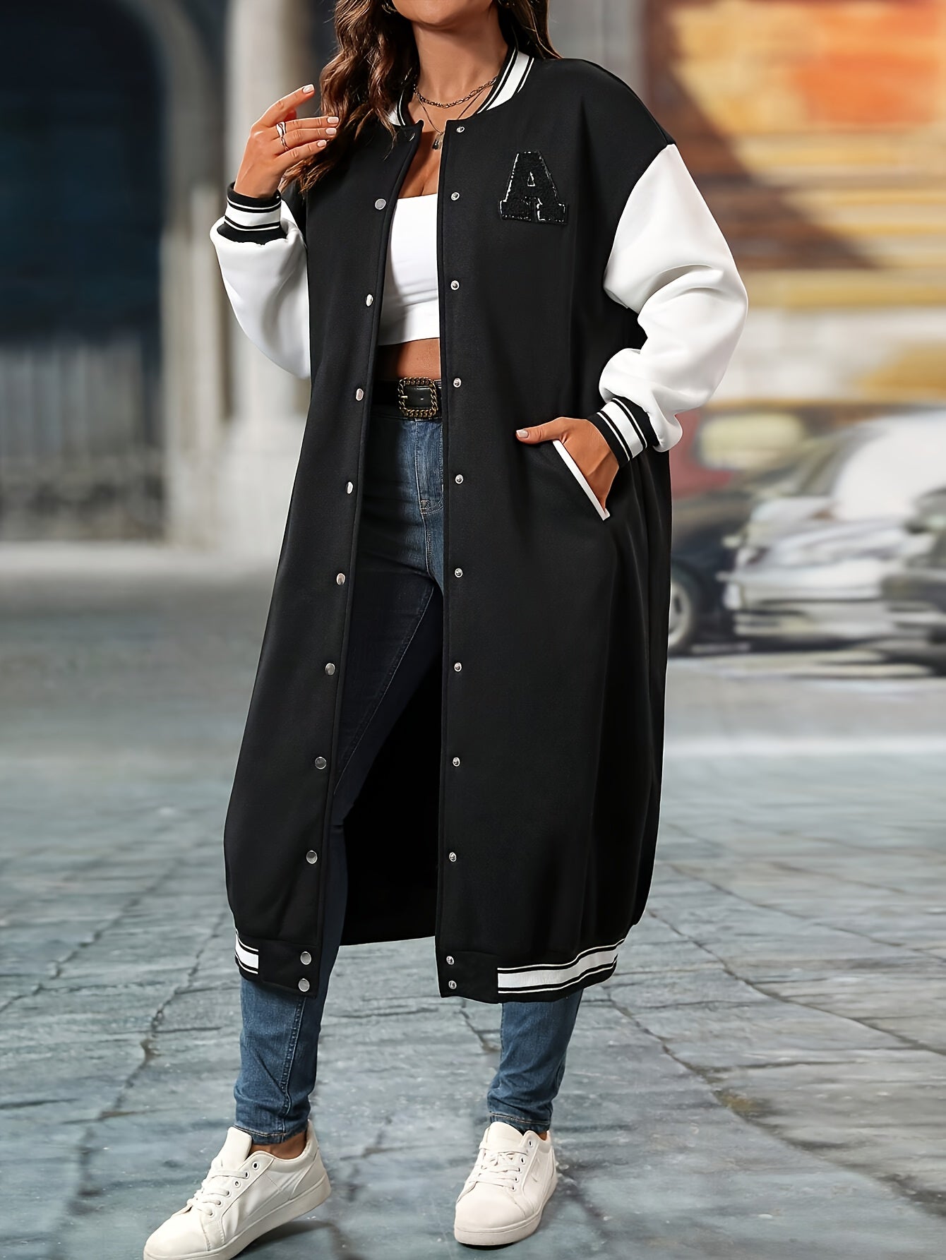 Plus Size Color Block Button Front Jacket, Casual Long Sleeve Longline Jacket For Fall & Winter