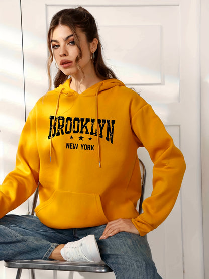 Trendy Letter Print Drawstring Sweater, Loose Kangaroo Pockets Long Sleeve Pullover Hoodies, Women's Sweatshirt