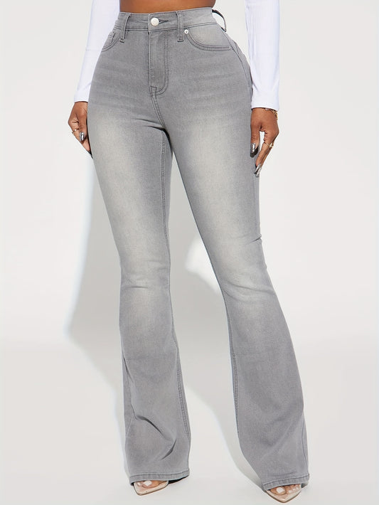 Stylish Washed Grey Flare Leg Denim Jeans - LuxyXO