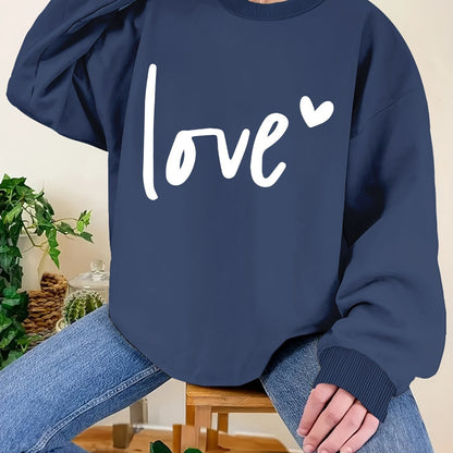 Plus Size Love Print Sweatshirt, Casual Long Sleeve Crew Neck Pullover Sweatshirt