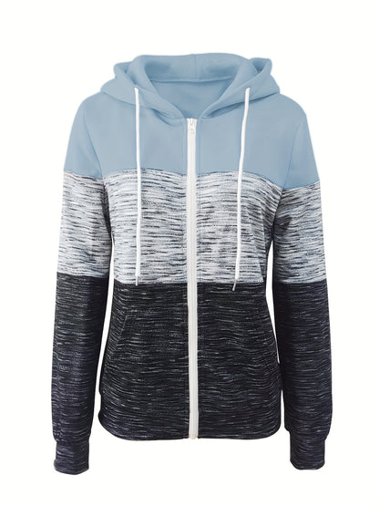 Sudadera con capucha y cremallera para todas las estaciones para mujer: sudadera informal de punto de manga larga con diseño de bloques de colores moderno