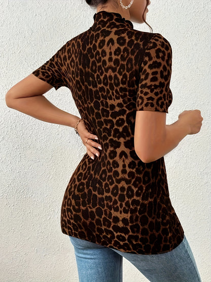 Elegante camiseta de manga larga con cuello redondo y estampado de leopardo: prenda superior suave, elegante y versátil con abertura para primavera y otoño: ropa de moda femenina para uso diario