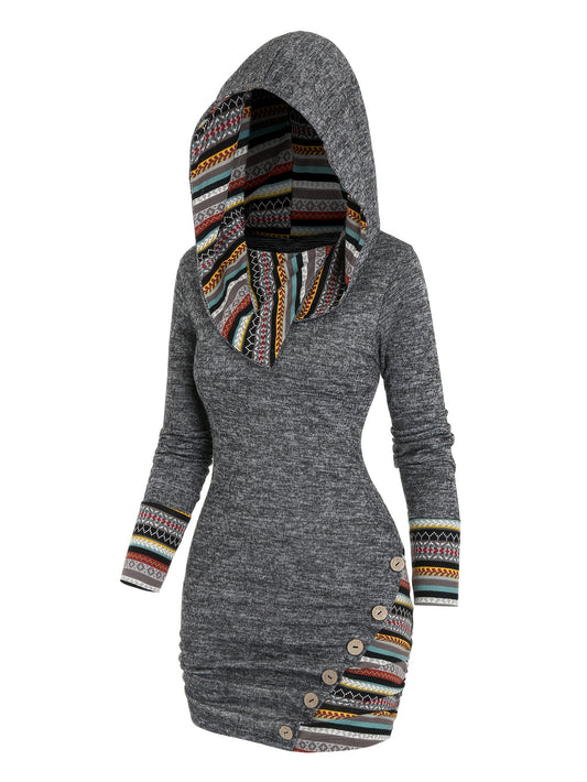 Cozy & Trendy Hooded Tribal Bodycon Dress - Stylish Button Details, Perfect for Spring & Fall, Durable & Easy-Care