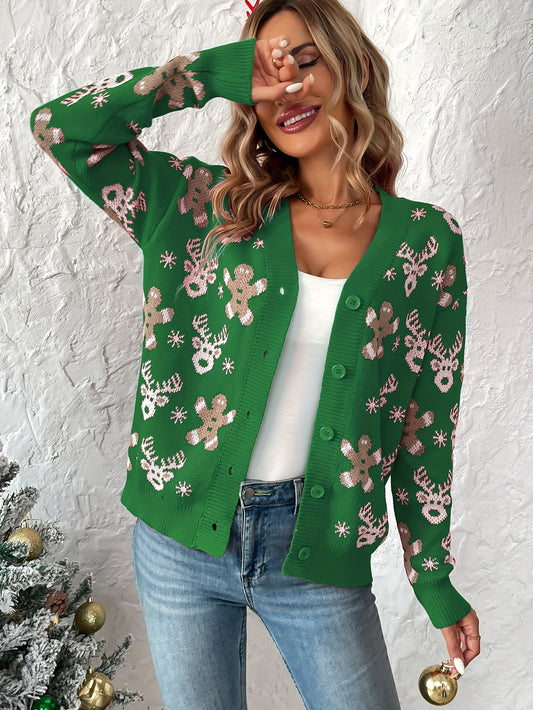 Cárdigan de punto con botones y diseño navideño acogedor: elegante cuello en V, manga larga, suéter suave para mujer: perfecto para fiestas navideñas de invierno, uso diario informal y obsequios