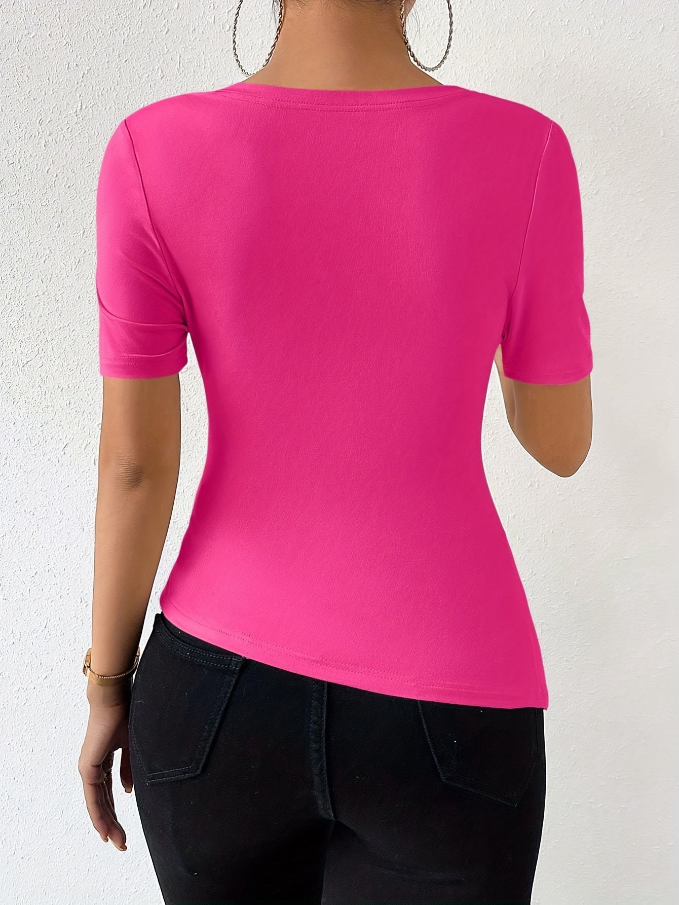 Womens Solid Color Asymmetrical T-Shirt with Ruched Neckline - Chic, Slim-Fitting & Trendy Short Sleeve Top for a Flattering Look