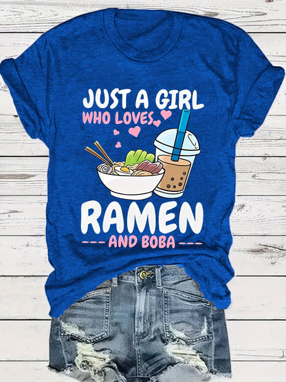 Camiseta de cuello redondo con estampado de ramen vibrante: camiseta de manga corta suave, transpirable e informal para primavera y verano: ropa de mujer de corte relajado para uso diario