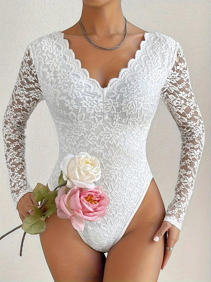 Sexy Lace Long Sleeve Bodysuit for Women - V-Neck, Semi-Sheer Floral Print, Stretch Fit