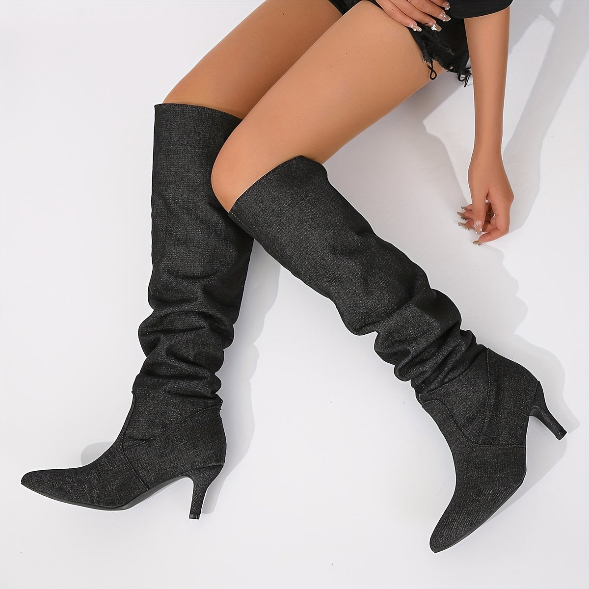 Stylish Slouchy Pointed Toe Stiletto Boots - Over-the-Knee Fashion Long Boots with Thin High Heels, Pull-On Design, and Chic Style for Women - LuxyXO