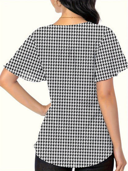 Blusa con escote en V y estampado de pata de gallo, elegante blusa con mangas con volantes para primavera y verano, ropa de mujer