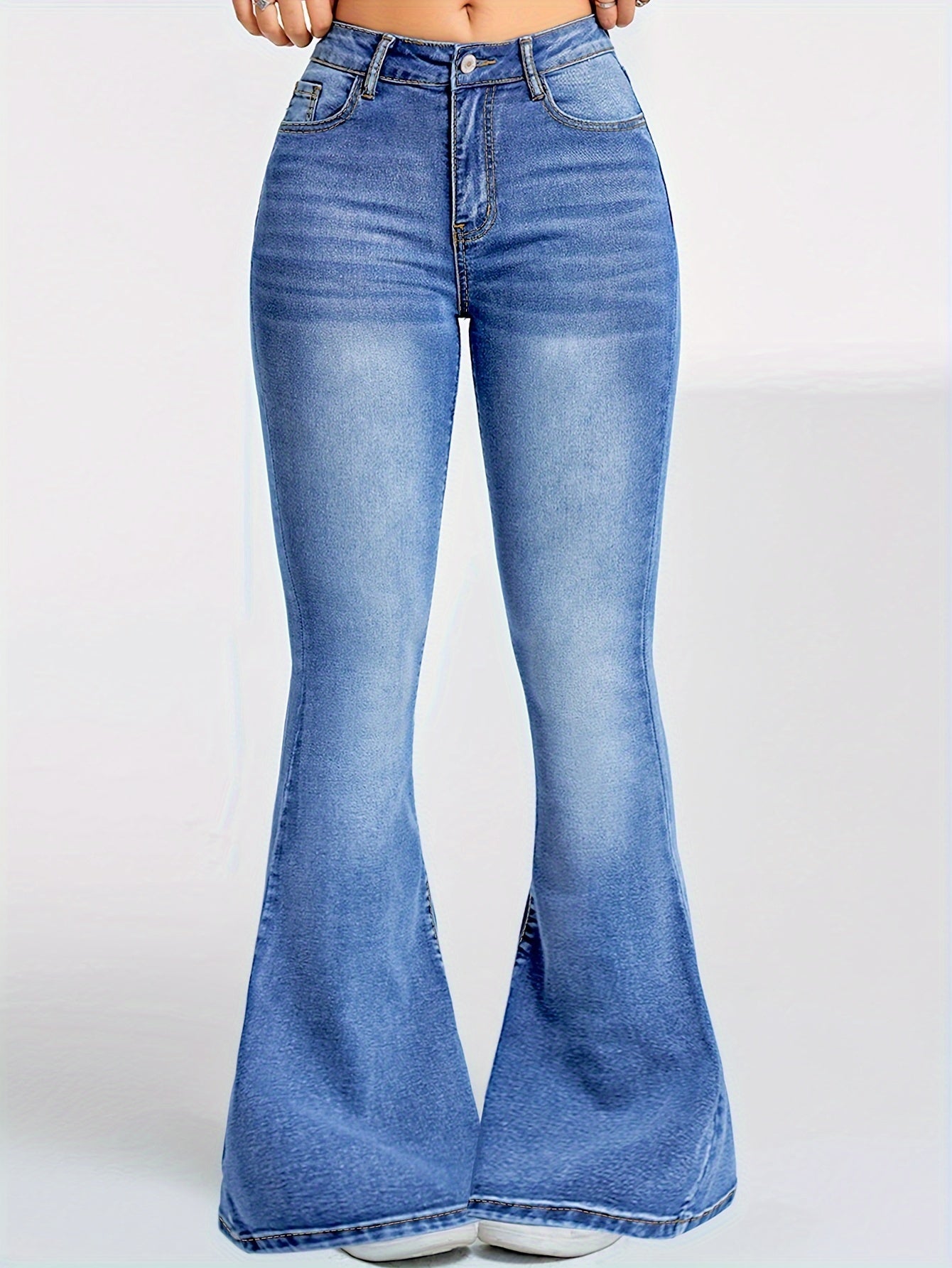 High-Waisted Flare Leg Jeans - Soft High Stretch Preppy Denim Pant - LuxyXO