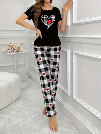 Cozy Heart Plaid Print Pajama Set for Women - Soft, Relaxed Fit, Short Sleeve Crew Neck Top & Pants