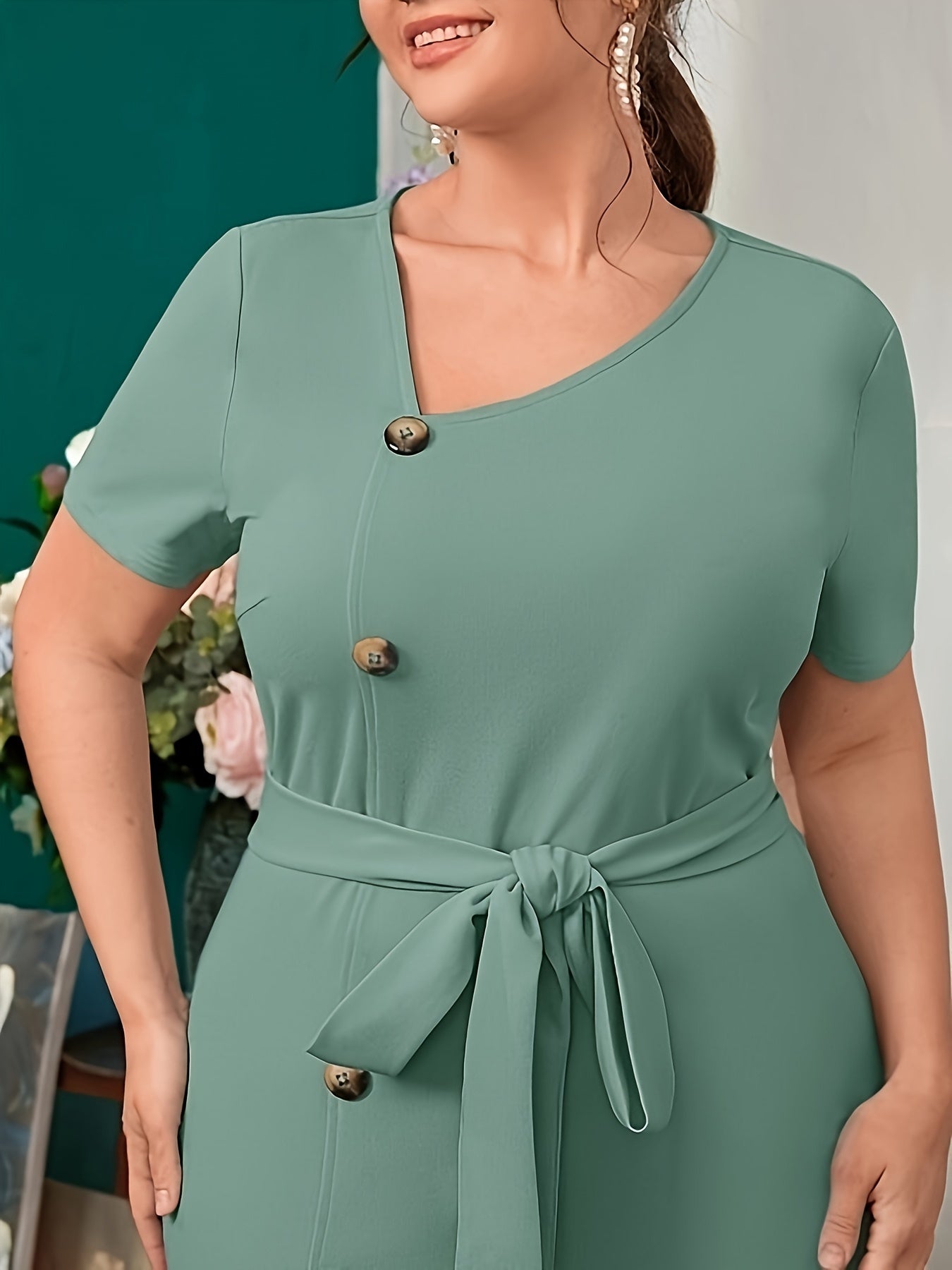 Stunning Plus Size Mermaid Hem Dress - Elegant Belted Short Sleeve Midi Dresses for Women - Spring & Summer Fashion, Solid Button Front, Flattering Fit, Comfortable Wear