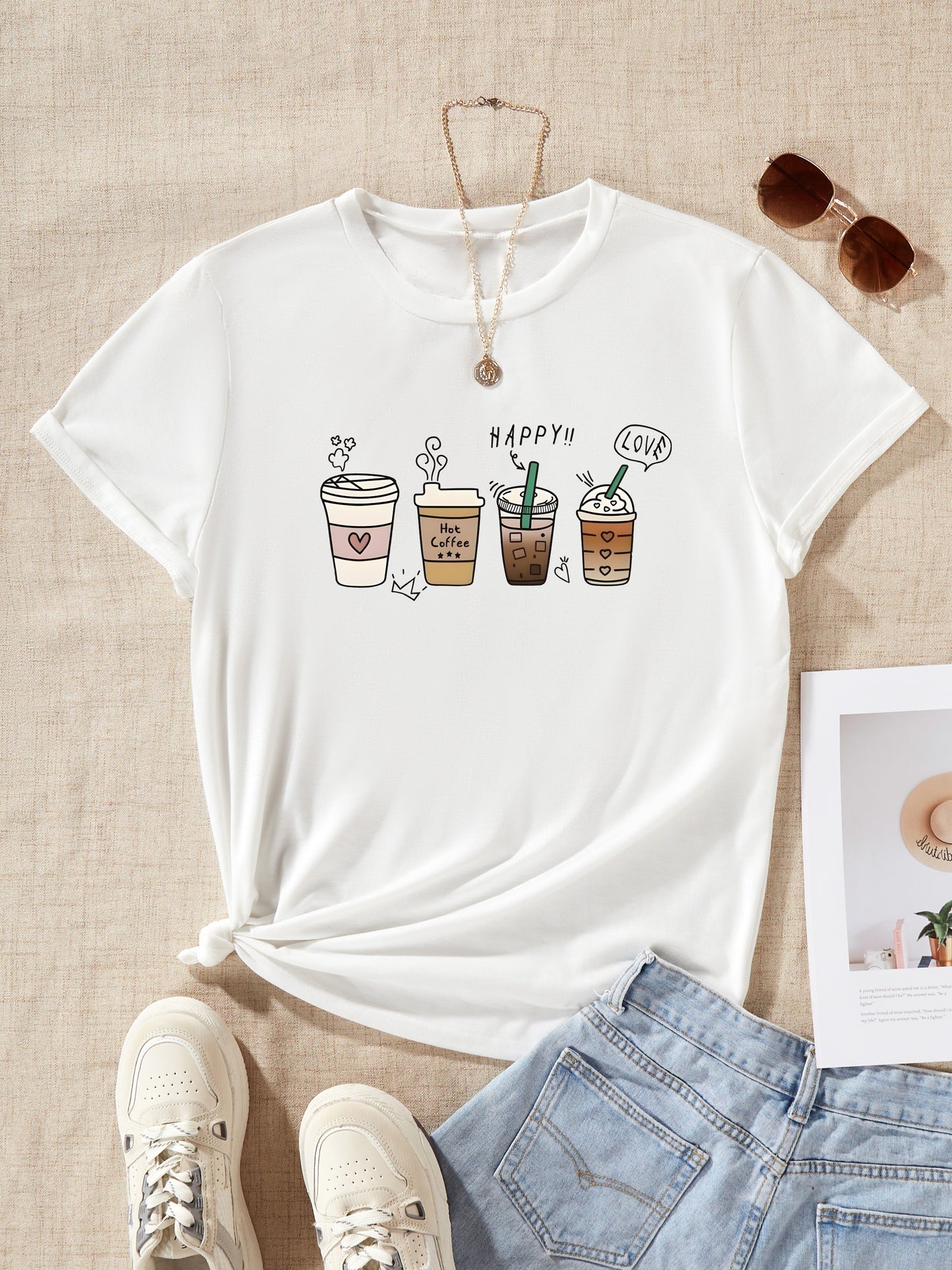 Vibrant Coffee Print Crew Neck T-Shirt - Soft, Breathable, Short Sleeve, Casual Wear for Spring & Summer - Women's Fashionable Clothing for Daily Life - LuxyXO