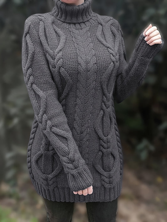 Elegant Cable-Knit Turtleneck Sweater Dress for Women - Chic Long Sleeve, Ribbed Detail, Stretchy Viscose