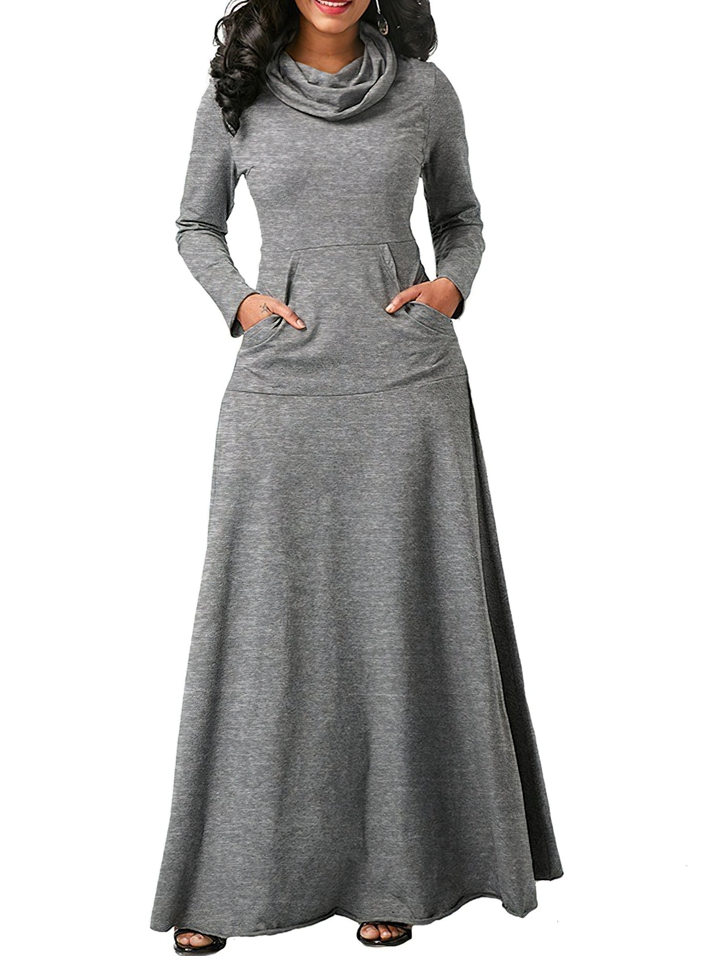 Plus Size Comfort Maxi Dress - Casual Turtleneck with Pockets, All-Season High Stretch & Machine Washable