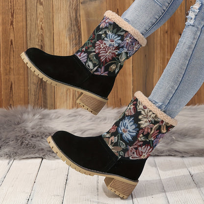 Women's Floral Print Fuzzy Boots, Slip On Soft Sole Chunky Heel Soft Sole Boots, Winter Non-slip Plush Snow Boots - LuxyXO