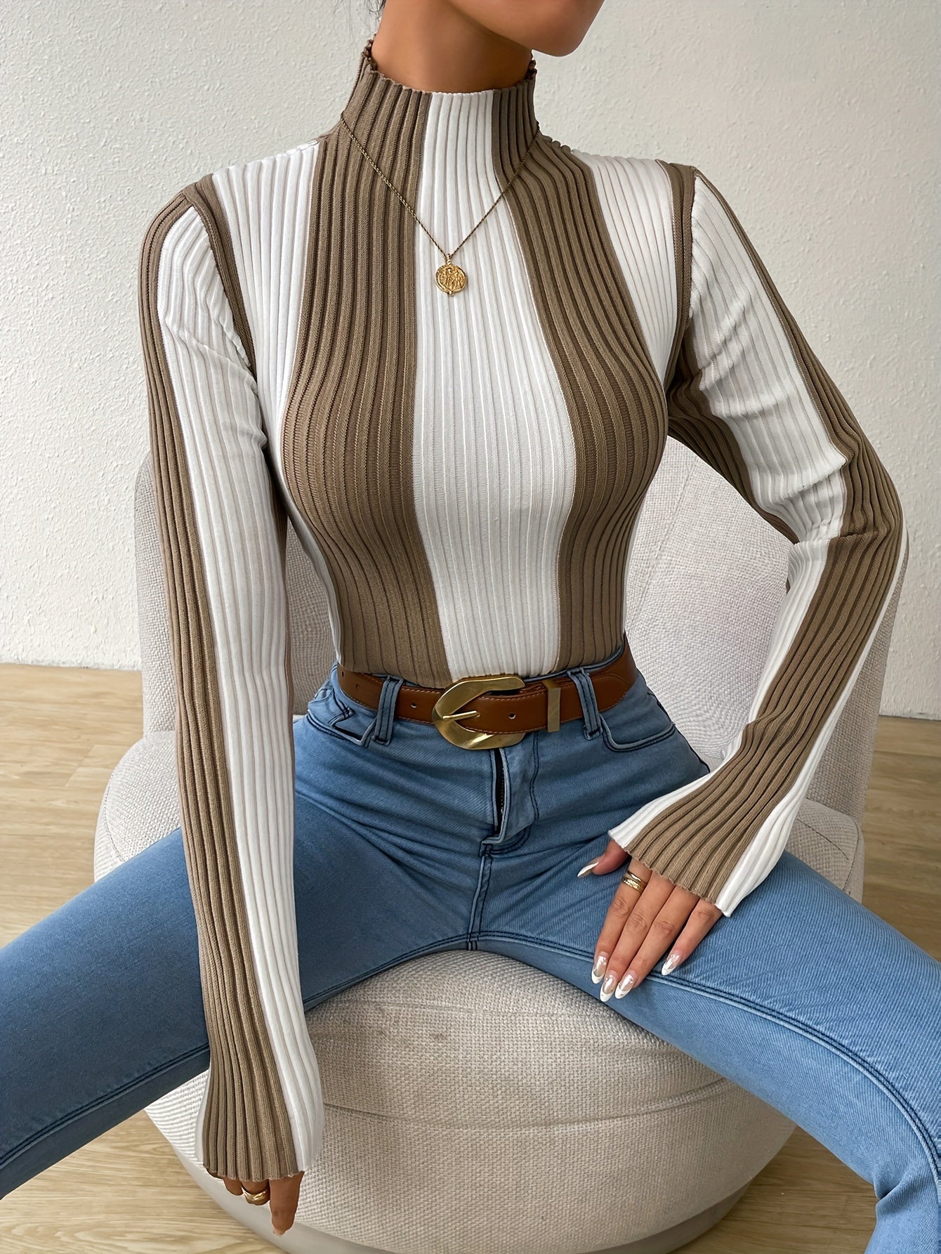 Rib Knit Color Block Mock Neck Sweater, Elegant Long Sleeve Sweater For Fall & Winter