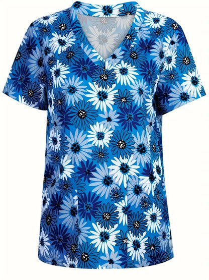 Floral Print Pockets Top, Short Sleeve V Neck Health Care Uniform For Nurse, Women's Clothing