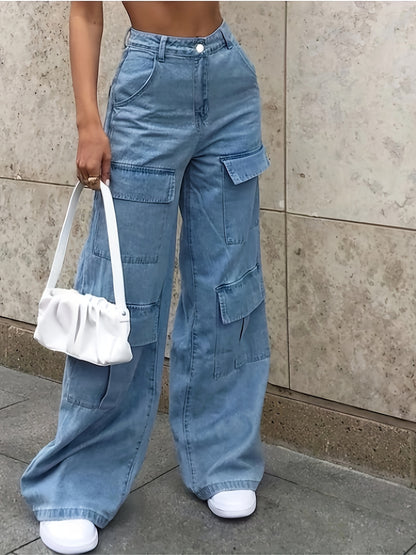 Plus size high-waisted wide leg denim cargo pants with multiple pockets, solid color, classic button closure, machine washable.