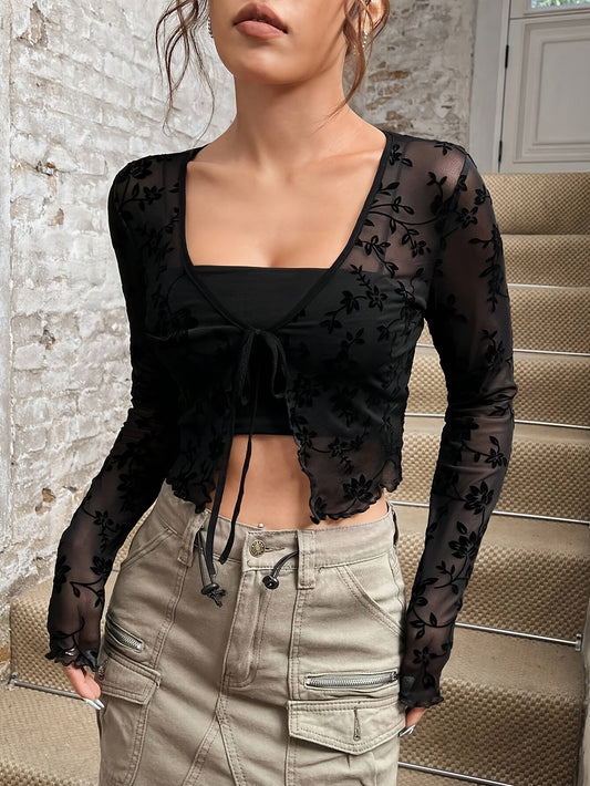 Floral Embroidered Tie Front Blouse, Elegant Long Sleeve Slim-Fit Crop Top For Spring & Fall, Women's Clothing