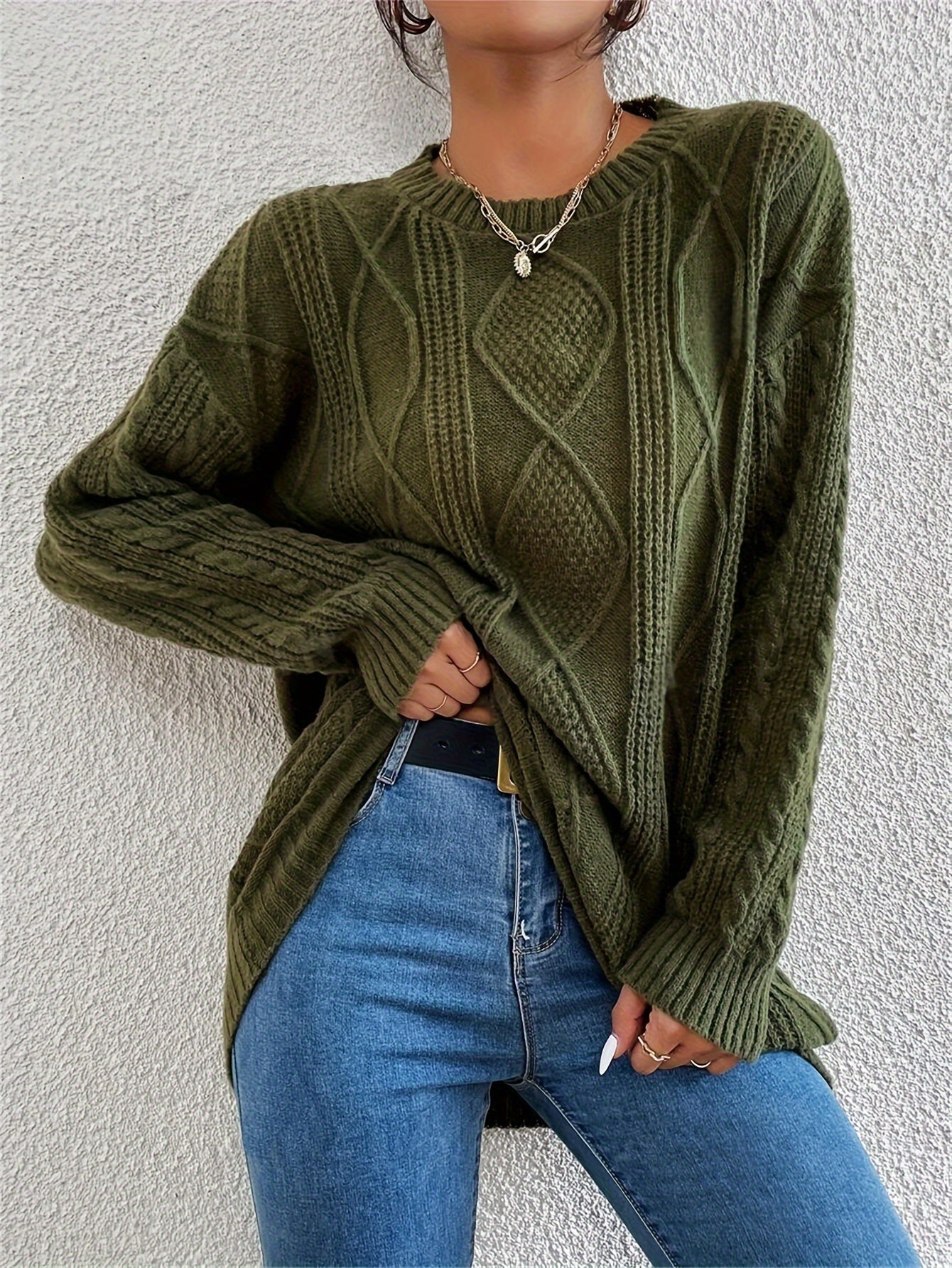 Cozy Cable Knit Drop Shoulder Sweater - Women's Elegant Long Sleeve Clothing for Fall & Winter - Soft, Warm, and Chic Knitwear for Everyday Wear