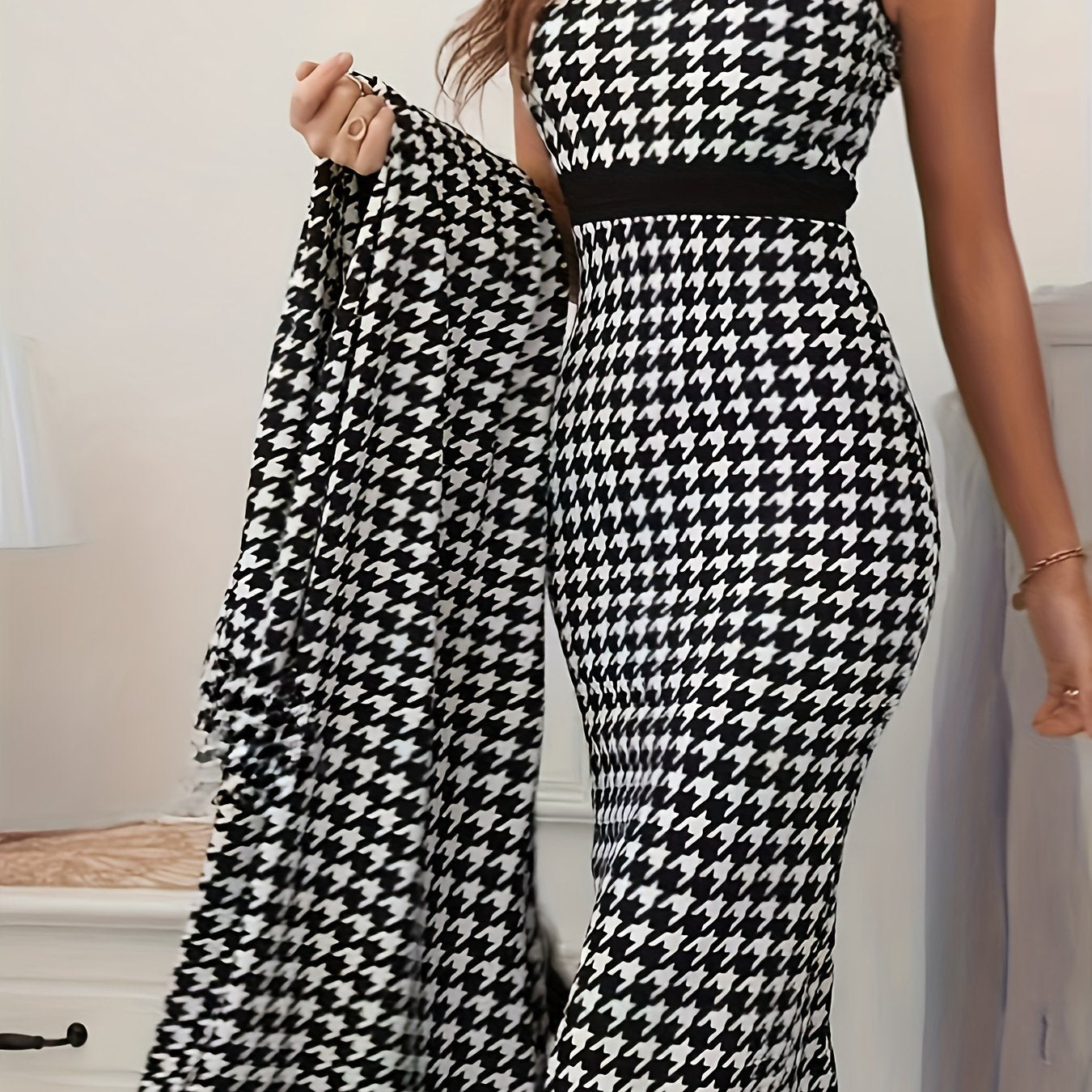 Houndstooth Print Elegant Skirt Set, Crew Neck Sleeveless Slim Dress & Open Front Long Sleeve Jacket Outfits, Women's Clothing