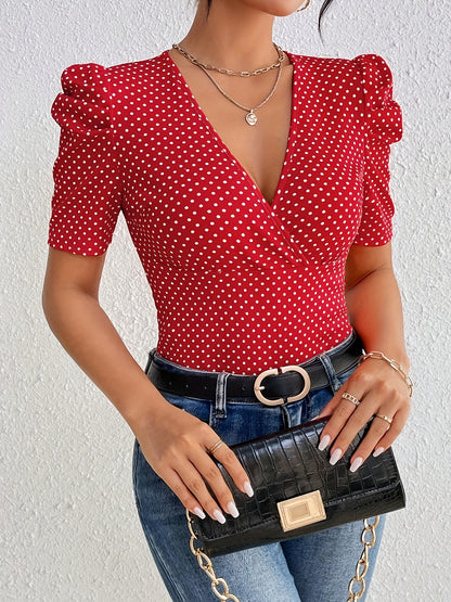 Allover Print V-neck Blouse, Vintage Puff Sleeve Blouse For Spring & Summer, Women's Clothing