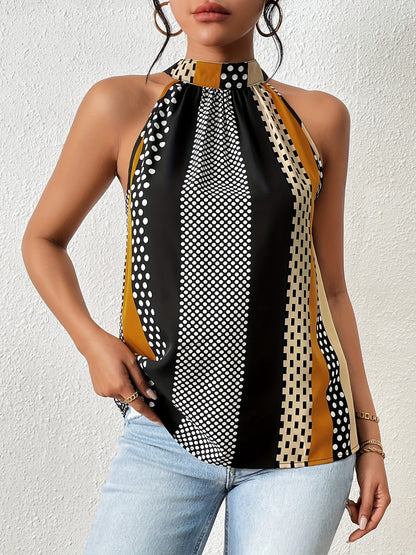 All Over Print Halter Neck Blouse, Casual Sleeveless Blouse For Spring & Summer, Women's Clothing