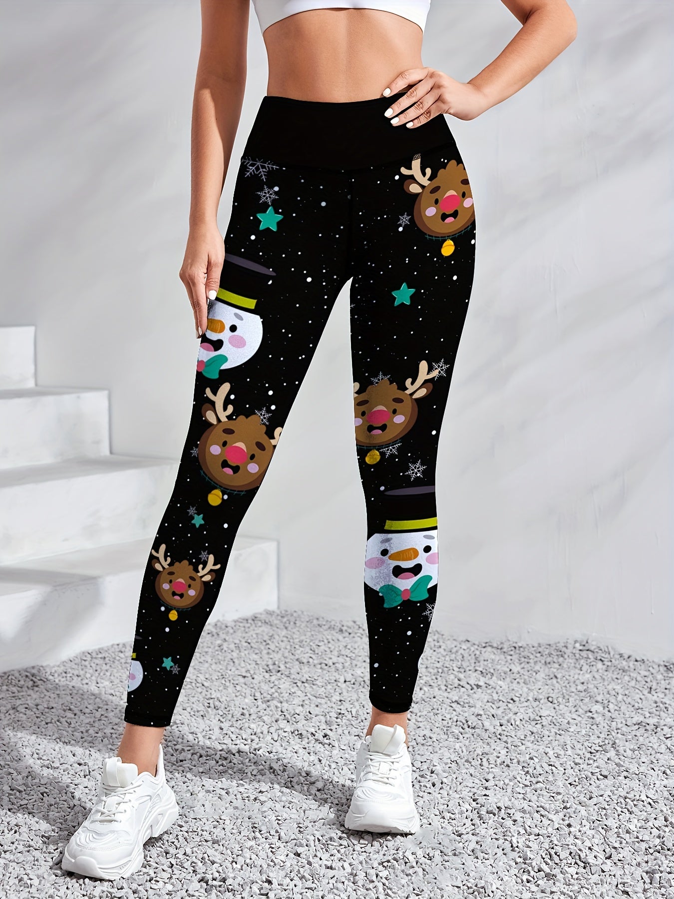 Women'S High-Waisted Yoga Leggings, Christmas Cartoon Snowman & Reindeer Print, Quick-Dry Breathable Fabric, Stretchy Polyester, Color Block Detail, Regular Fit, All-Season Fitness Wear