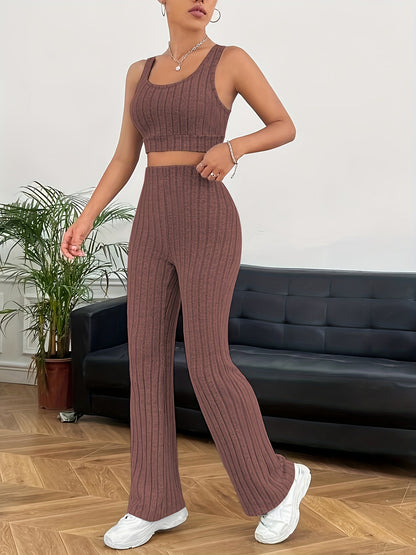 Chic Ribbed Two-piece Outfit Set - Soft Crop Tank Top & High Waist Pants - Flattering Casual Wear for Women